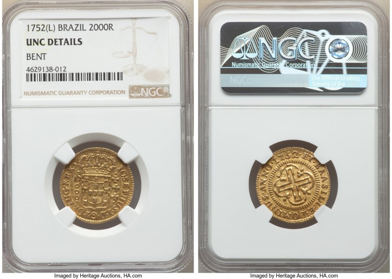 Jose I gold 2000 Reis 1752-(L) UNC Details (Bent) NGC, Lisbon mint, KM182.1, LMB...