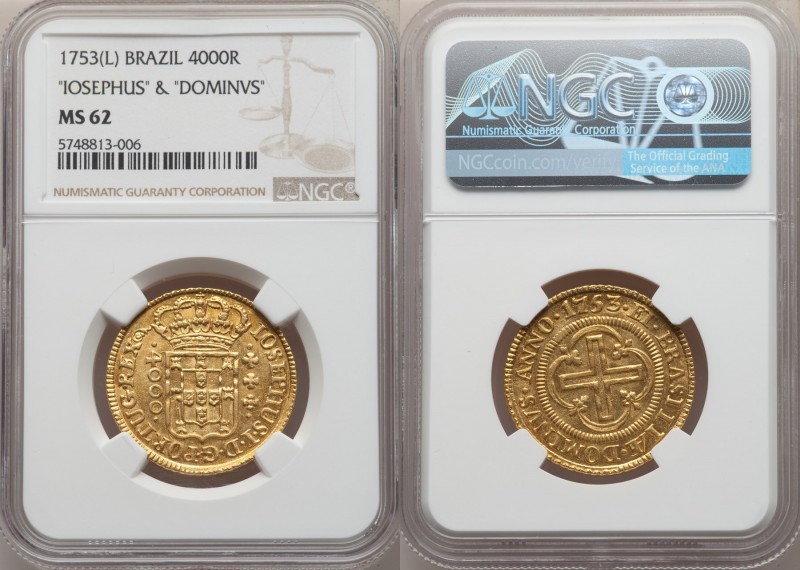 Jose I gold 4000 Reis 1753-(L) MS62 NGC, Lisbon mint, KM171.1, LMB-295. Variety ...