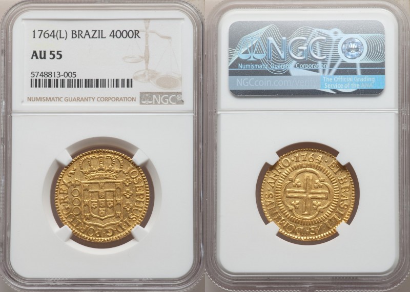 Jose I gold 4000 Reis 1764-(L) AU55 NGC, Lisbon mint, KM171.2. "Josephus Dominvs...