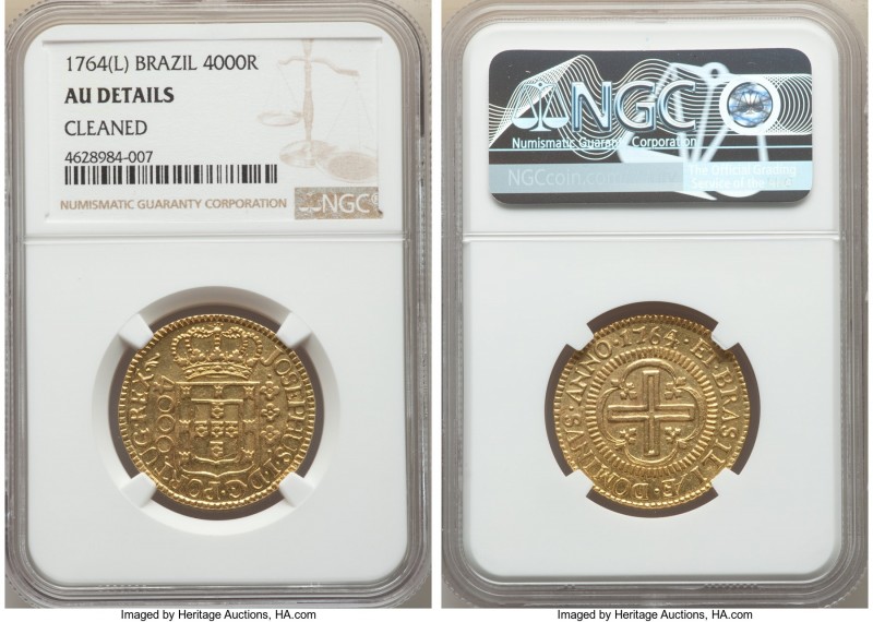 Jose I gold 4000 Reis 1764-(L) AU Details (Cleaned) NGC, Lisbon mint, KM171.2, L...