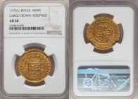 Jose I gold 4000 Reis 1775-(L) AU58 NGC, Lisbon mint, KM171.1, LMB-298. Large Crown, "IOSEPHUS" variety. A pleasing harvest-gold example with just a t...