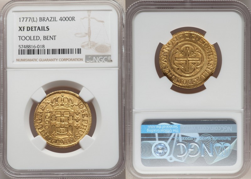 Jose I gold 4000 Reis 1777-(L) XF Details (Tooled, Bent) NGC, Lisbon mint, KM171...