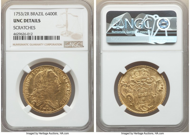 Jose I gold 6400 Reis 1753/2-R UNC Details (Scratches) NGC, Rio de Janeiro mint,...