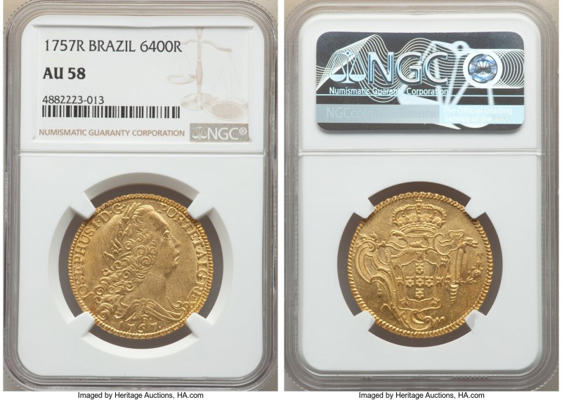 Jose I gold 6400 Reis 1757-R AU58 NGC, Rio de Janeiro mint, KM172.2, LMB-425. Li...