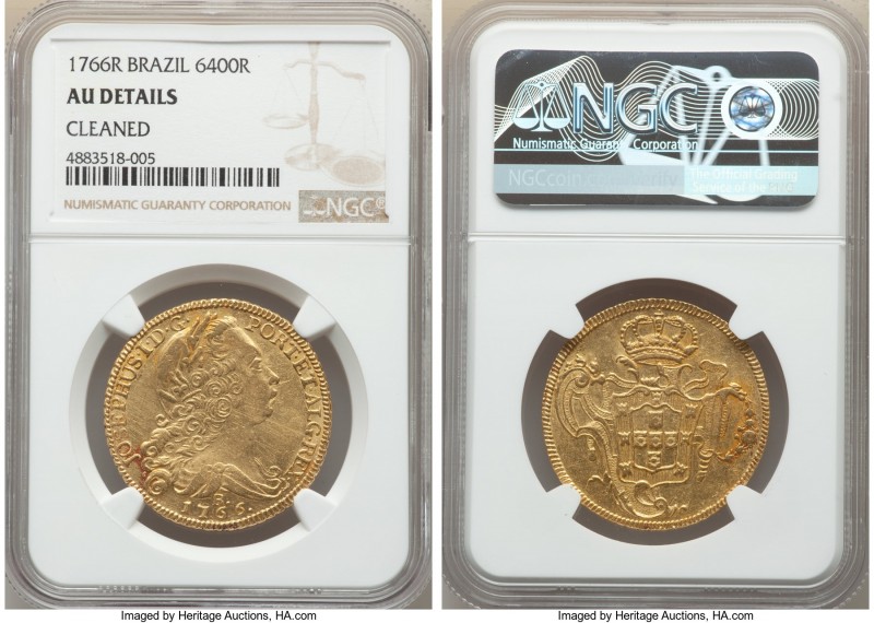 Jose I gold 6400 Reis 1766-R AU Details (Cleaned) NGC, Rio de Janeiro mint, KM17...