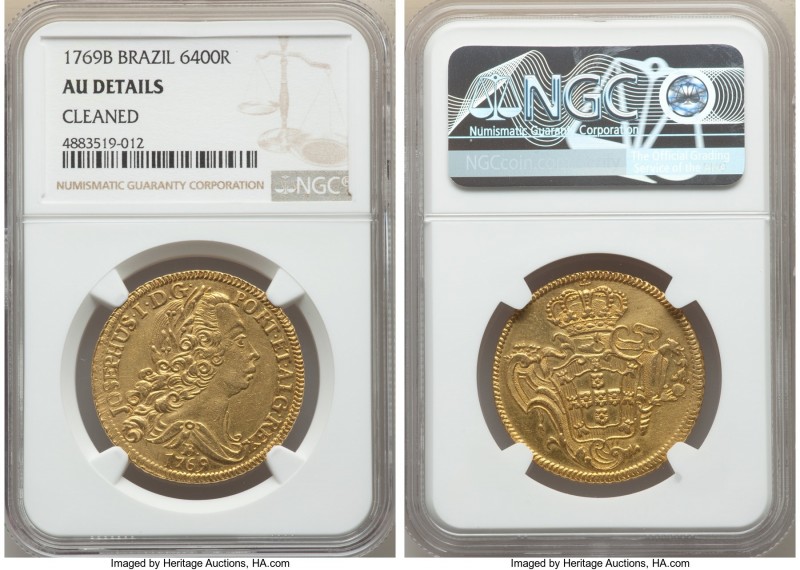 Jose I gold 6400 Reis 1769-B AU Details (Cleaned) NGC, Bahia mint, KM172.1, LMB-...