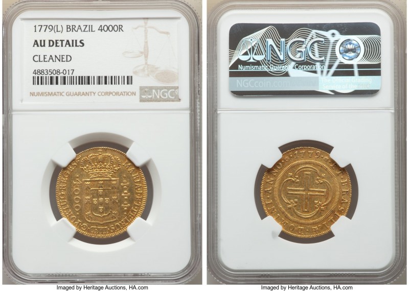 Maria I & Pedro III gold 4000 Reis 1779-(L) AU Details (Cleaned) NGC, Lisbon min...