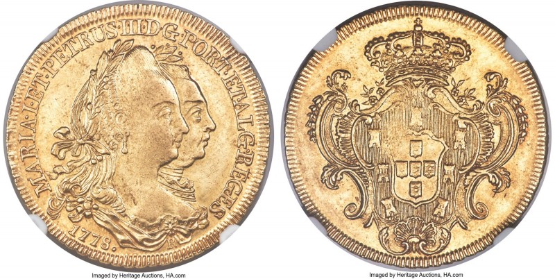 Maria I & Pedro III gold 6400 Reis 1778-R AU58 NGC, Rio de Janeiro mint, KM199.2...