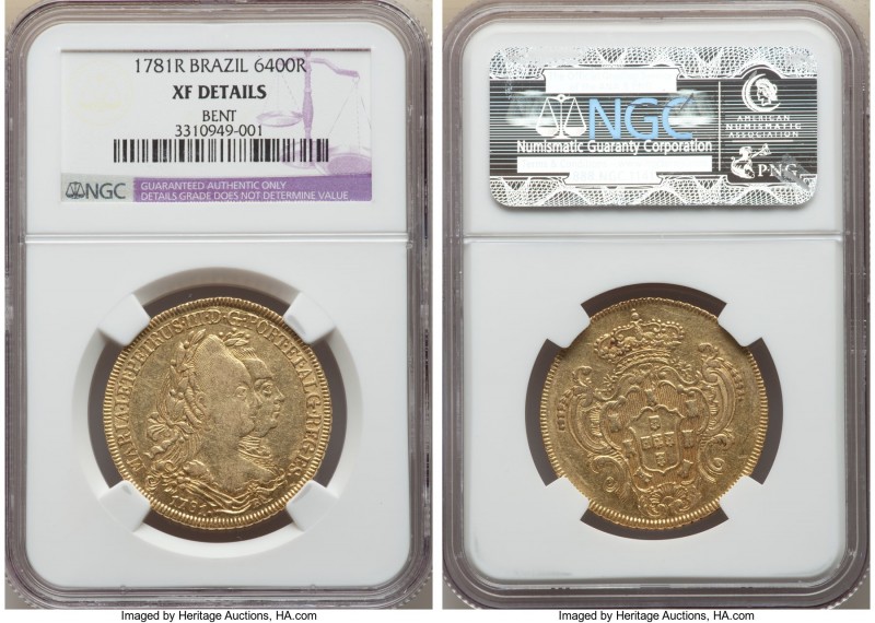 Maria I & Pedro III gold 6400 Reis 1781-R XF Details (Bent) NGC, Rio de Janeiro ...
