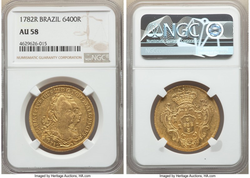 Maria I & Pedro III gold 6400 Reis 1782-R AU58 NGC, Rio de Janeiro mint, KM199.2...