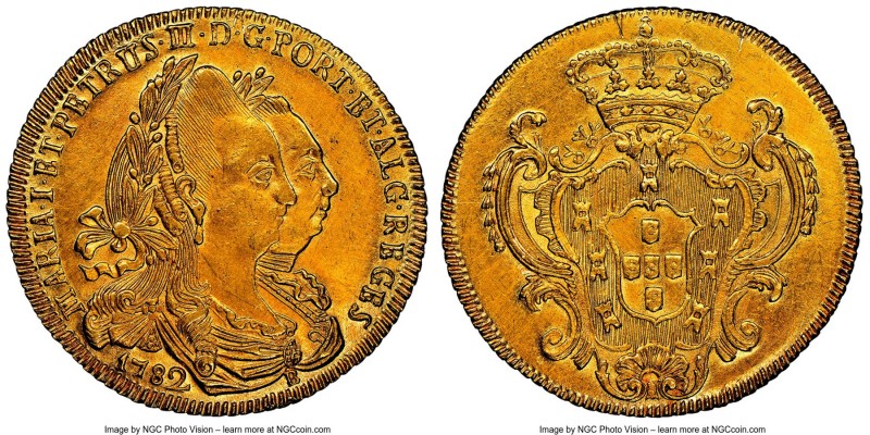Maria I & Pedro III gold 6400 Reis 1782-B AU Details (Cleaned) NGC, Bahia mint, ...