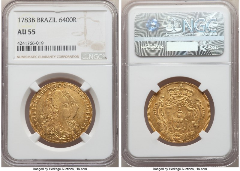 Maria I & Pedro III gold 6400 Reis 1783-B AU55 NGC, Bahia mint, KM199.1, LMB-488...