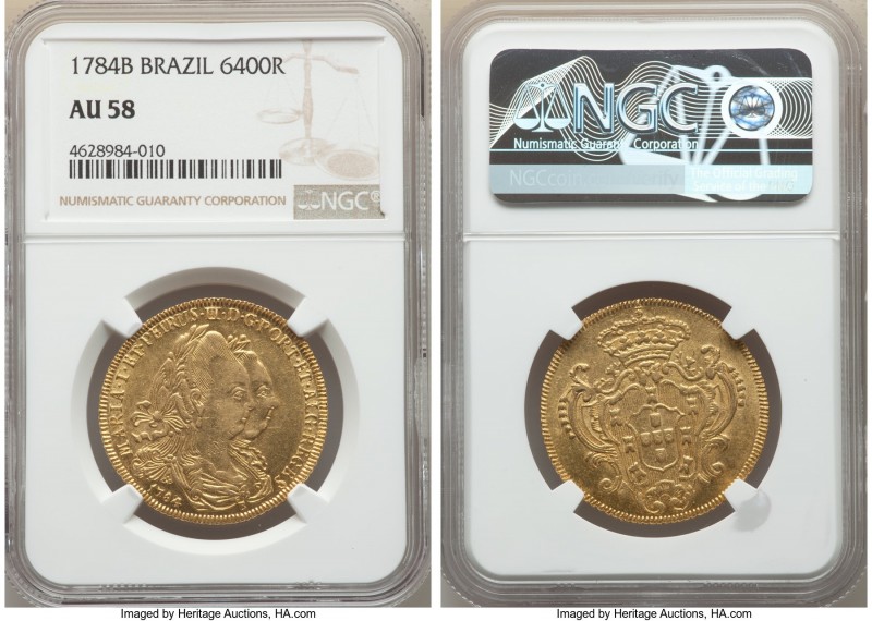 Maria I & Pedro III gold 6400 Reis 1784-B AU58 NGC, Bahia mint, KM199.1, LMB-489...
