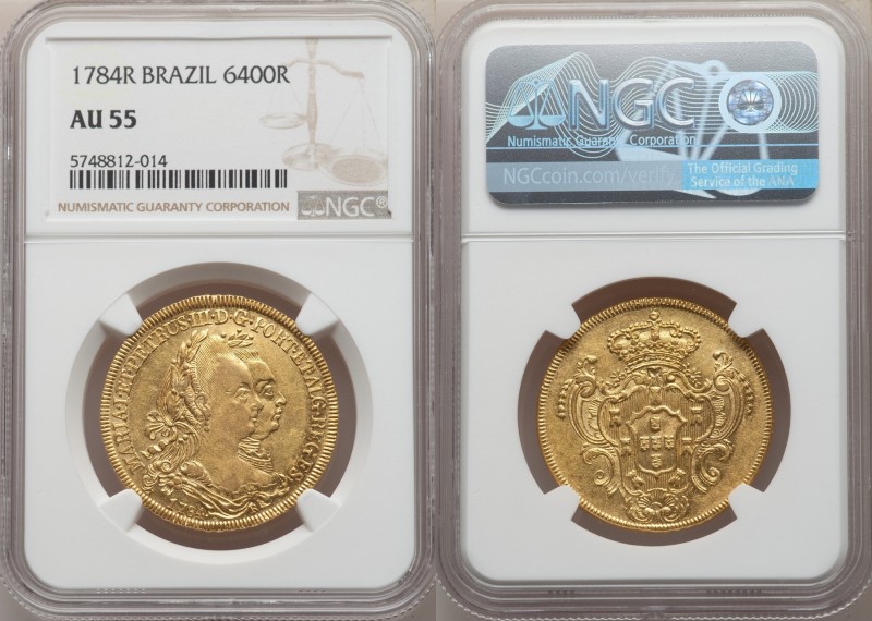 Maria I and Pedro III gold 6400 Reis 1784-R AU55 NGC, Rio de Janeiro mint, KM199...