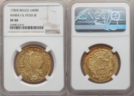 Maria I & Pedro III gold 6400 Reis 1786-B XF40 NGC, Bahia mint, KM199.1. Less wear than one might expect, with a weak central strike. Hints of reddish...