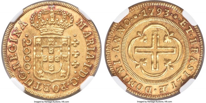 Maria I gold 2000 Reis 1793-(L) MS61 NGC, Lisbon mint, KM224, LMB-495. Satiny wi...