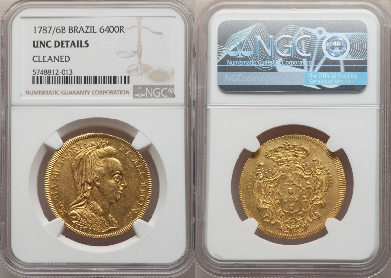Maria I gold 6400 Reis 1787/6-B UNC Details (Cleaned) NGC, Bahia mint, KM218.2, ...