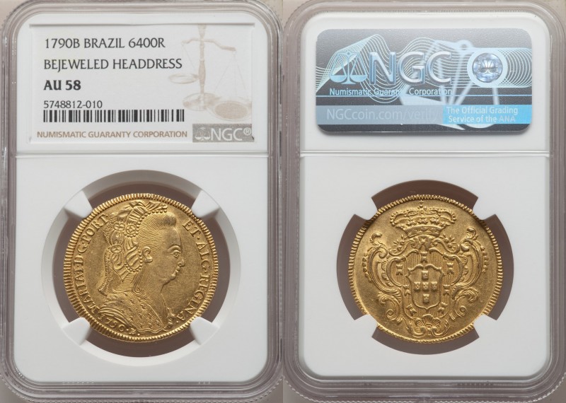 Maria I "Bejeweled Headdress" gold 6400 Reis 1790-B AU58 NGC, Bahia mint, KM226....