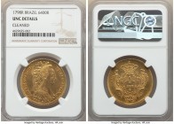 Maria I gold 6400 Reis 1798-R UNC Details (Cleaned) NGC, Rio de Janeiro mint, KM226.1, LMB-536. A deeply struck example of the type displaying orange-...