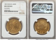 Maria I gold 6400 Reis 1801-R UNC Details (Cleaned) NGC, Rio de Janeiro mint, KM226.1, LMB-539. Dijon gold, with fully preserved detailing. 

HID09801...