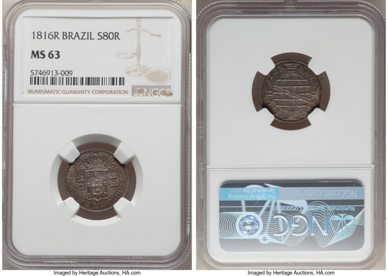 João Prince Regent 80 Reis 1816-R MS63 NGC, Rio de Janeiro mint, KM305. An impre...