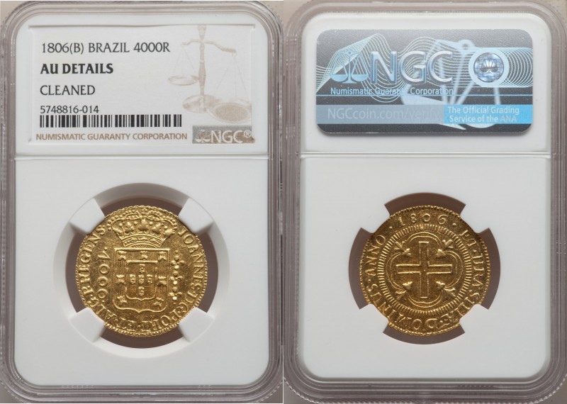 João Prince Regent gold 4000 Reis 1806-(B) AU Details (Cleaned) NGC, Bahia mint,...