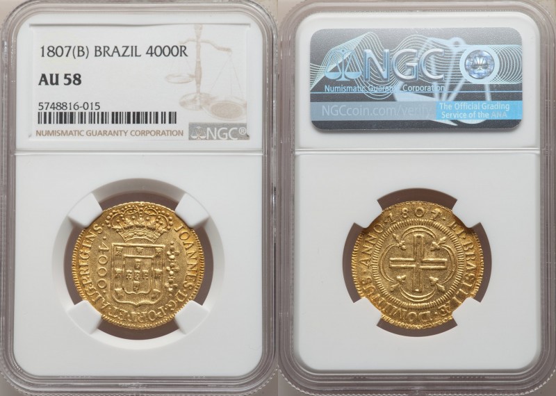 João Prince Regent gold 4000 Reis 1807-(B) AU58 NGC, Bahia mint, KM235.1, LMB-54...