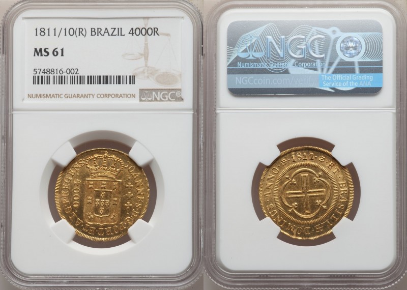 João Prince Regent gold 4000 Reis 1811/10-(R) MS61 NGC, Rio de Janeiro mint, KM2...