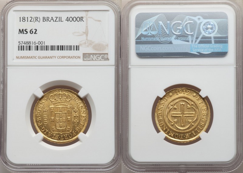 João Prince Regent gold 4000 Reis 1812-(R) MS62 NGC, Rio de Janeiro mint, KM235....