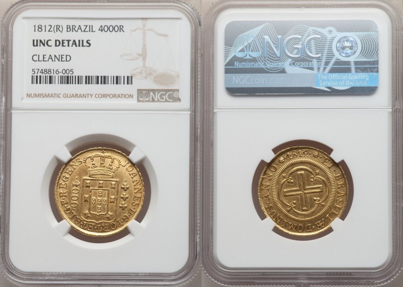 João Prince Regent gold 4000 Reis 1812-(R) UNC Details (Cleaned) NGC, Rio de Jan...