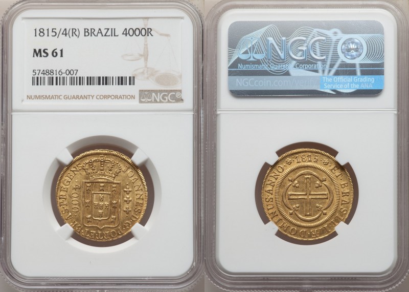João Prince Regent gold 4000 Reis 1815/4-(R) MS61 NGC, Rio de Janeiro mint, KM23...