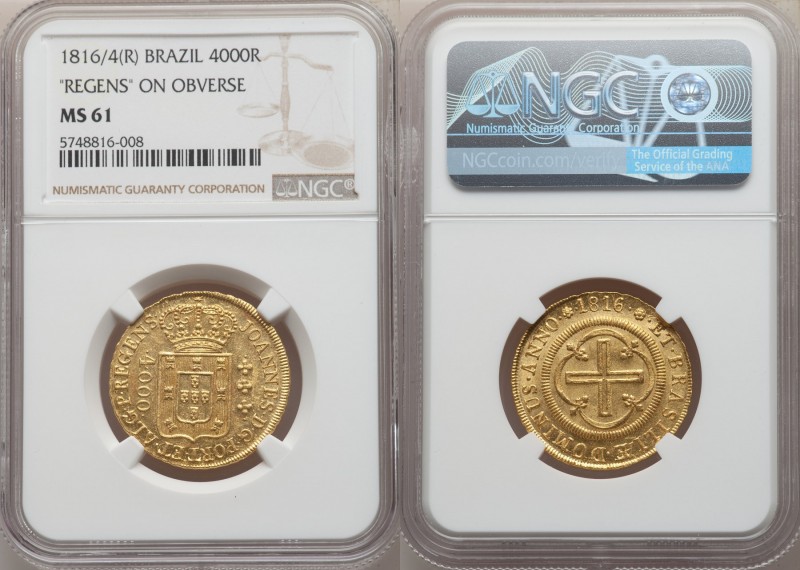 João Prince Regent gold 4000 Reis 1816/4-(R) MS61 NGC, Rio de Janeiro mint, KM23...