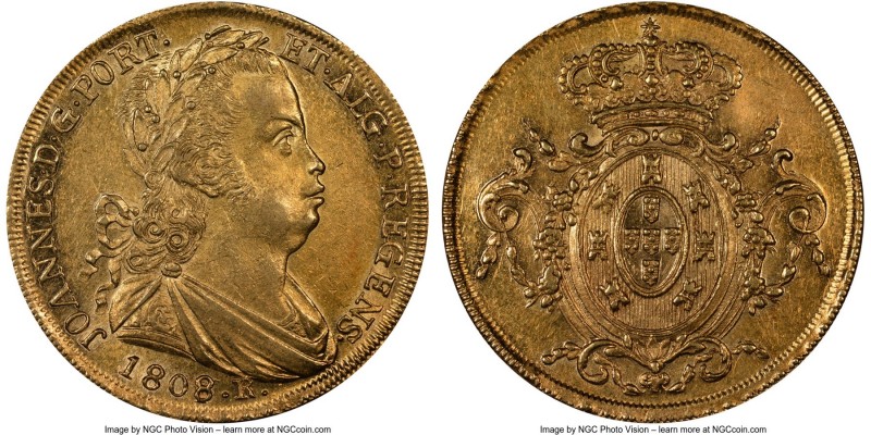 João Prince Regent gold 6400 Reis 1808/7-R AU58 NGC, Rio de Janeiro mint, KM236....