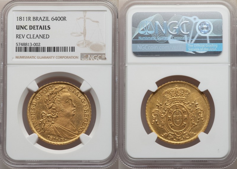 João Prince Regent gold 6400 Reis 1811-R UNC Details (Reverse Cleaned) NGC, Rio ...