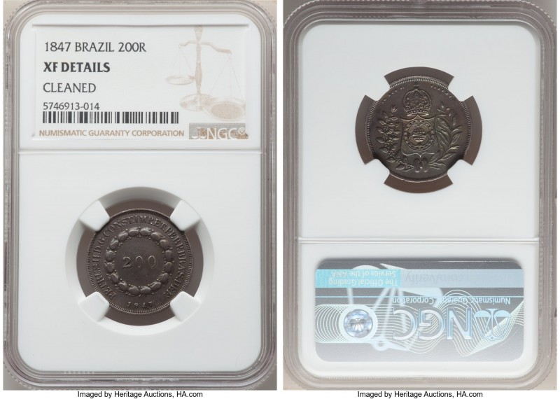 Pedro II 200 Reis 1847 XF Details (Cleaned) NGC, KM455. A scarcer issue with a m...