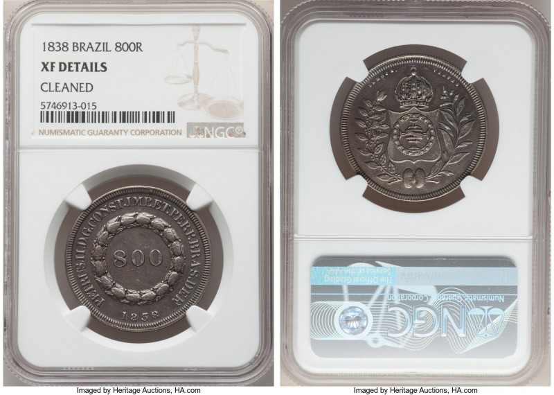 Pedro II 800 Reis 1838 XF Details (Cleaned) NGC, KM456. A rarer year with a palt...
