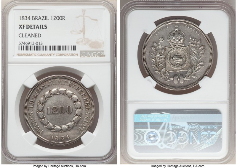 Pedro II 1200 Reis 1834 XF Detail (Cleaned) NGC, KM454. A first-year issue with ...