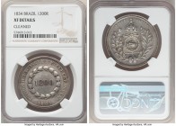 Pedro II 1200 Reis 1834 XF Detail (Cleaned) NGC, KM454. A first-year issue with a mintage of a mere 891 pieces. With detail that appears at the high e...