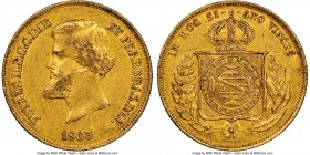 Pedro II gold 10000 Reis 1863 AU55 NGC, Rio de Janeiro mint, KM467, LMB-651. Deeply toned with only slight friction and darkening of color atop the hi...