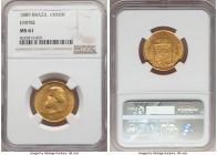 Pedro II gold 10000 Reis 1889 MS61 NGC, Rio de Janeiro mint, KM467, LMB-651. Fully Mint State and exhibiting satiny cartwheel luster. 

HID09801242017...