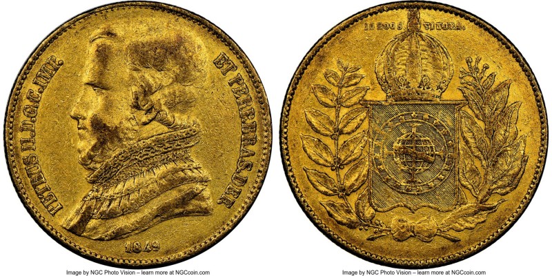 Pedro II gold 20000 Reis 1849 XF45 NGC, Rio de Janeiro mint, KM461, LMB-632. The...