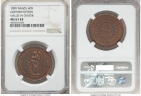 Republic copper Pattern 40 Reis 1889 MS63 Red and Brown NGC, Rio de Janeiro mint, KM-Pn171, Bentes-E83.04. Type with value in center. Choice, displayi...