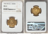 Republic gold 10000 Reis 1904 MS61 NGC, Rio de Janeiro mint, KM496, LMB-496. A difficult issue owing to a low mintage of only 541 examples in 1904. 

...