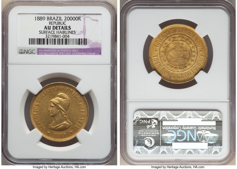 Republic gold 20000 Reis 1889 AU Details (Surface Hairlines) NGC, Rio de Janeiro...