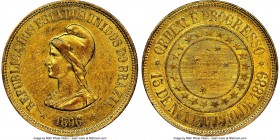 Republic gold 20000 Reis 1896 AU55 NGC, Rio de Janeiro mint, KM497, LMB-716. Struck on a bright lemon gold planchet and revealing only minute rub to t...