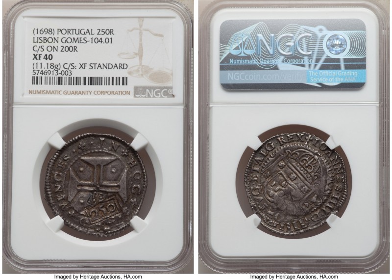 Pedro II double-countermarked revalidation 250 Reis ND (1688) XF40 NGC, KM33.2, ...