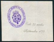 25 Reales. Septiembre de 1873. Vale de la Administración de Rentas de Puente de Domingo Flórez (León). (Edifil 2017: Página 26). Muy raro. EBC.