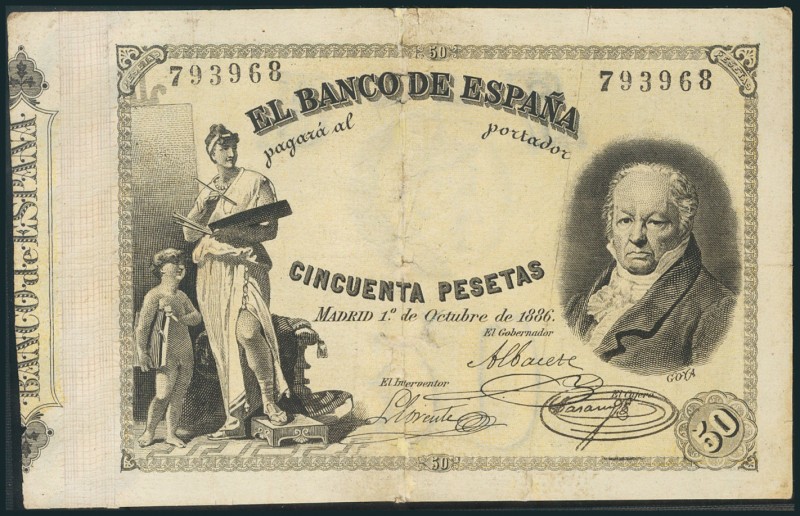 50 Pesetas. 1 de Octubre de 1886. Sin serie. (Edifil 2017: 293). Pequeña reparac...