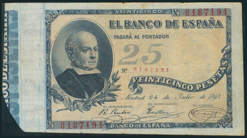 25 Pesetas. 24 de Julio de 1893. Sin serie. (Edifil 2017: 300). BC+.