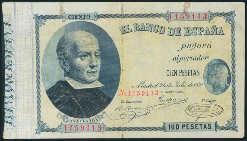 100 Pesetas. 24 de Junio de 1893. Sin serie. (Edifil 2017: 302). Reparado. MBC.